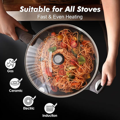 SENSARTE Ceramic Nonstick Frying Pan Skillet with Lid, 12.5 Inch Non Stick Pan Omelette Pans, Healthy Kitchen Cooking Chef's Pan, Free of Intentionally Added PFOA/PFOS, Induction Compatible, Black