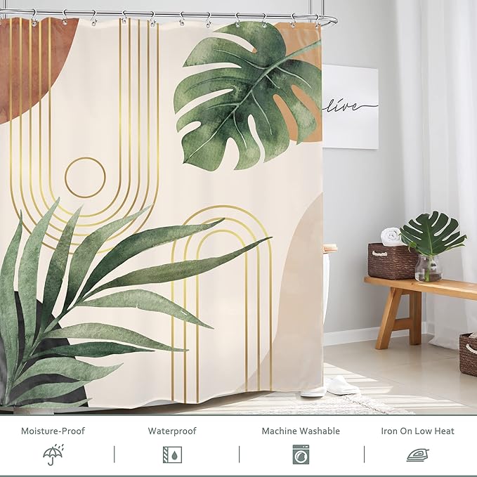 Glawry Mid Century Plant Shower Curtain Boho Botanical Tropical Abstract Minimalist Bohemian Leaves Bathroom Curtains Set Palm 72Wx78L Inches Bath Accessories Art Home Decor Fabric 12 Pack Hooks