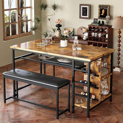 AWQM Space Saving Dining Table Set for 2-4 People, 53" Kitchen Table with 2 Upholstered Bench, Dinner Table with Wine Rack Glass Holder and Storage Shelf, 3-Piece Dinette Table for Small Apartment