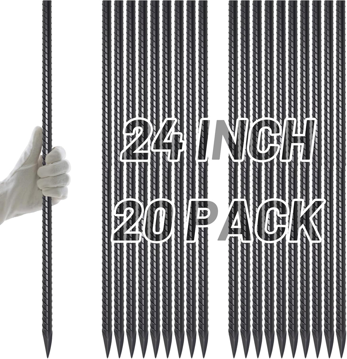 AAGUT Rebar Stakes 24 Inch Straight Garden Plant Stakes (20 pcs) 1/2" Thickness, Heavy Duty Metal Spikes for Concrete Forming, Landscape Timber, Fence, Ground Anchors with Chisel Point End, Black