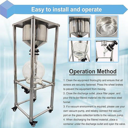50L Vacuum Filtration System, Negative Pressure Suction Filter with Stainless Steel Buchner Funnel & Glass Filter Flask, Discharge Valve & Brake Casters, for Lab Chemical Industrial Use