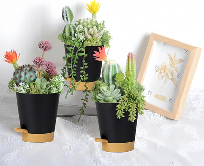 12 Pack 4 Inch Self Watering Plant Pots with Drainage and Saucers，Plastic Flower Pots for Indoor and Outdoor Plants, Nursery Planters for Houseplants and Herbs Black Brown, 4 inch 12pcs