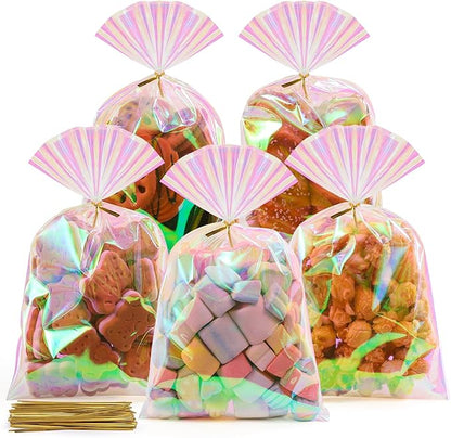 SUREHOME Cellophane Bags, 100 Pcs 6x10 Inches Clear Treat Bags with Ties Plastic Gift Bag Holographic Iridescent Pink Goodie Bag for Party Favors Wedding Candy Valentine Snack Popcorn Cookies Packing