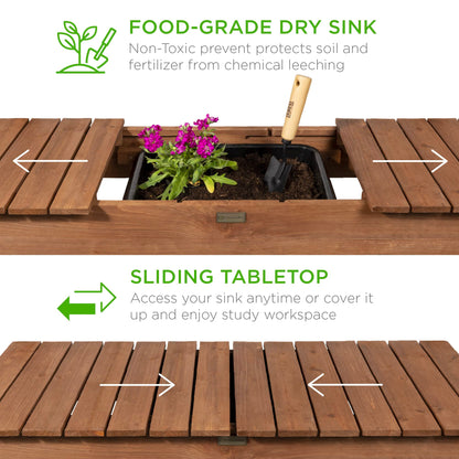 Best Choice Products Mobile Garden Potting Bench, Outdoor Wood Workstation Table w/Sliding Tabletop, 4 Locking Wheels, Food Grade Dry Sink, Storage Shelves - Brown