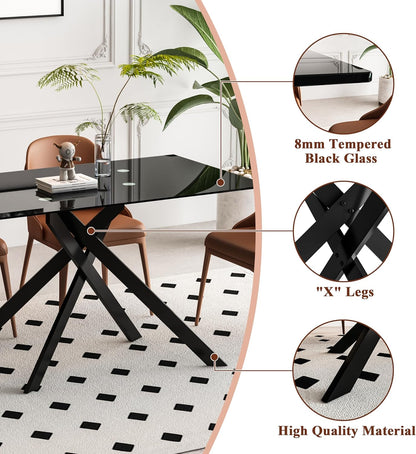 51.2" Glass Dining Table for 2-4 People, Modern Kitchen Table with Black Chromed Legs, Rectangular Dinner Table for Small Space, Apartment, Office, All Black