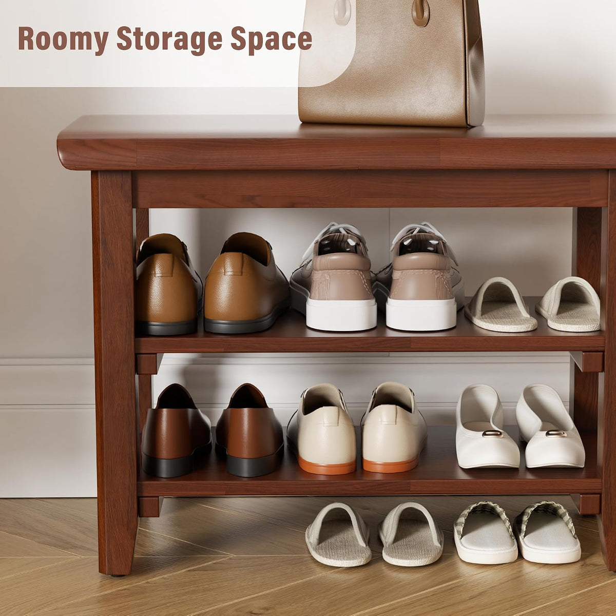 SShoe Rack Bench Mid Century Modern 2-Tier Shoe Rack Organizer for Entryway Hallway or Living Room Farmhouse Rustic Wooden Seat Bench Brown 11.8" Dx31.5 Wx16.5 H