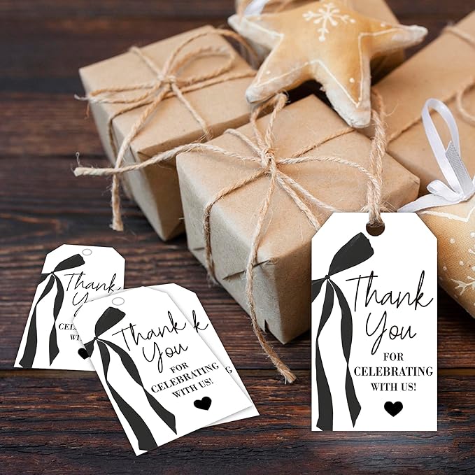 Thank You Gift Tags with String, 2x3.5 Inch Thank You for Celebrating with Us Tag, Black Bow Print, Gift Label for Birthday Party Baby Bridal Shower Wedding Favor-A15