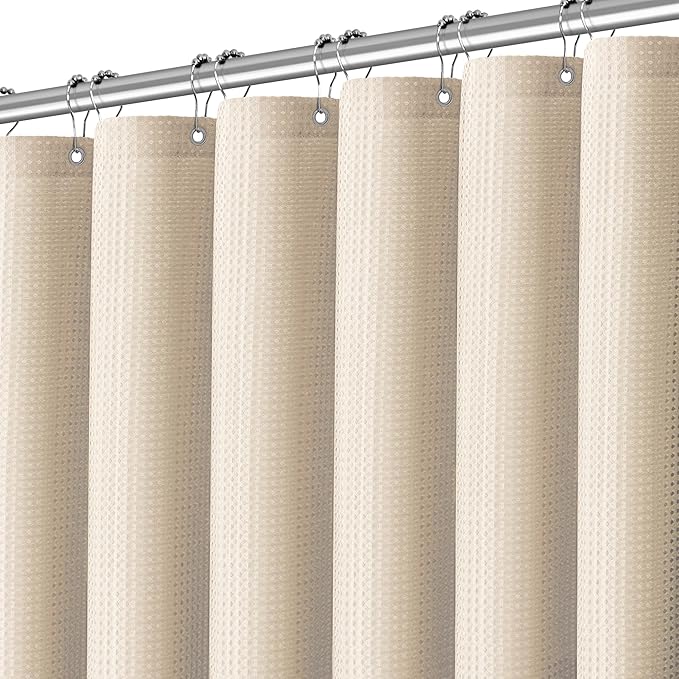 Beige Fabric Shower Curtain - Waffle Textured Heavy Duty Shower Curtains for Bathroom, 256GSM Hotel Spa Luxury Weighted Bath Curtain with 10 Hooks, 60x72, Beige