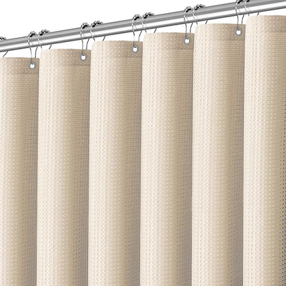 Beige Fabric Shower Curtain - Waffle Textured Heavy Duty Shower Curtains for Bathroom, 256GSM Hotel Spa Luxury Weighted Bath Curtain with 10 Hooks, 60x72, Beige