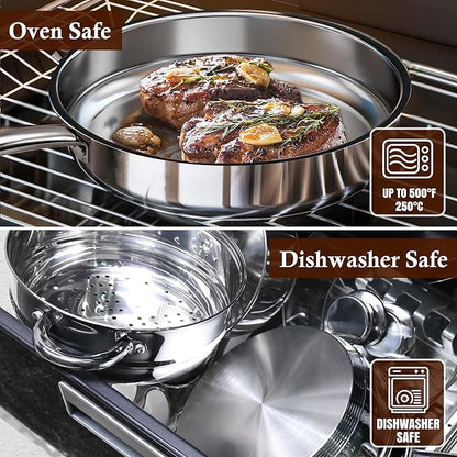 15-Piece Stainless Steel Cookware Set, Non-Toxic Pots and Pans Set with Glass Lids, Kitchen Induction Cookware with Steamer, Utensils Set & Fry Basket, Dishwasher & Oven Safe, Silver