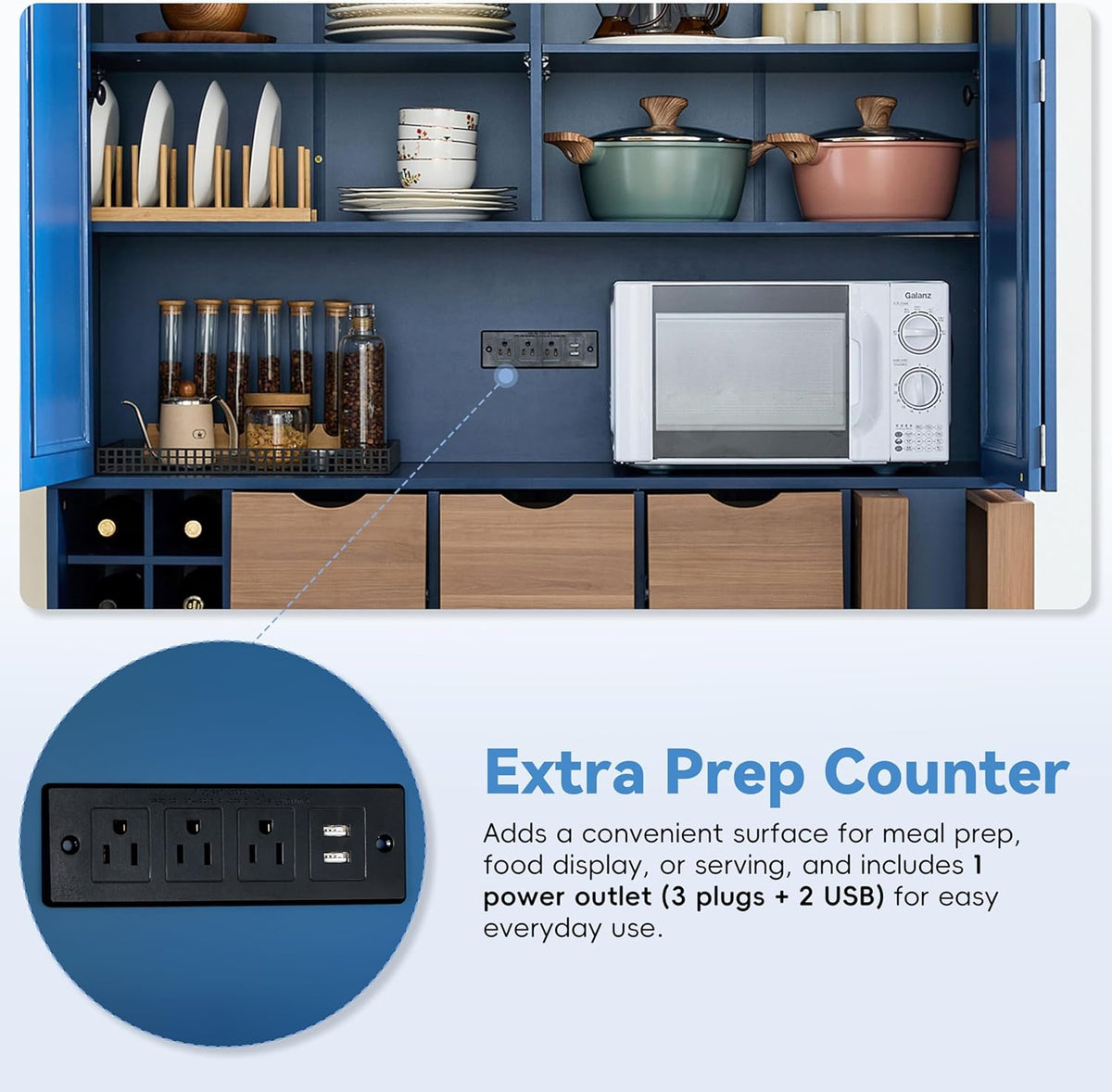 Large Kitchen Pantry Cabinet with 4 Foldable Doors and Storage Shelves, Farmhouse Freestanding Cupboard with Wine Racks, Power Outlet and Serving Trays (Blue)