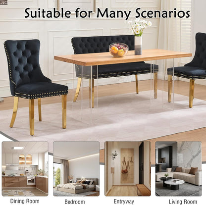 Henf Modern Tufted Velvet Dining Bench with Wing Back, 2-Seat, Nailhead Trim, Sturdy Stainless Steel Legs, Entryway Bench Small Upholstered Loveseat Sofa, 45.6''W x 22.7''D x 35.2''H (Black&Gold)
