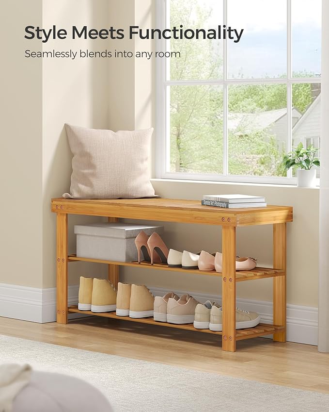 SONGMICS Shoe Rack Bench, 3-Tier Bamboo Shoe Storage Organizer, Entryway Bench, Holds Up to 286 lb, 11.3 x 35.4 x 17.8 Inches, for Entryway Bathroom Bedroom, Natural ULBS90N