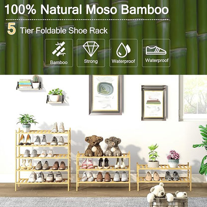 5-Tier Bamboo Shoe Rack for Entryway, Stackable | Heavy Duty | Multi-Function, Free Standing Shoe Racks for Bedroom Hallway Closet