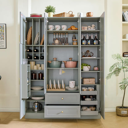 Virubi Modern Large Kitchen Pantry with 6 Doors, 53.2" L x 17.7" W Storage Cabinet - Adjustable Shelves, Pull-Out Trays, Wine Rack & Drawers for Dining Room/Kitchen Organization (Green)