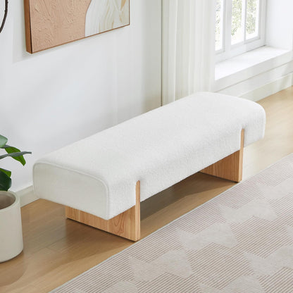 ONEVOG 55" End of Bed Bench with Upholstered Cushion & Natural Solid Wood Legs, Modern Long Ottoman Seat Foot Stool for Bedroom/Entryway/Living Room/Hallway, Support 450lbs, Boucle Fabric, White