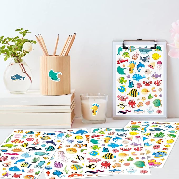 Cute Ocean Sea Animal Adhesive Stickers Tropical Fish Shark Stickers 890 Count for Boys Girls Birthday Invitations Envelopes Mermaid Under The sea Party Goodie Gifts Bags Decor Class Rewards