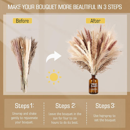 N&T NETING Dried Pampas Grass Decor- White Pampas Grass, Brown Pampas, Bunny Tail, Reed, Fluffy Dried Pompas Grass Flower for Home Wedding Table Vase Boho Modern Decor, 75Pcs
