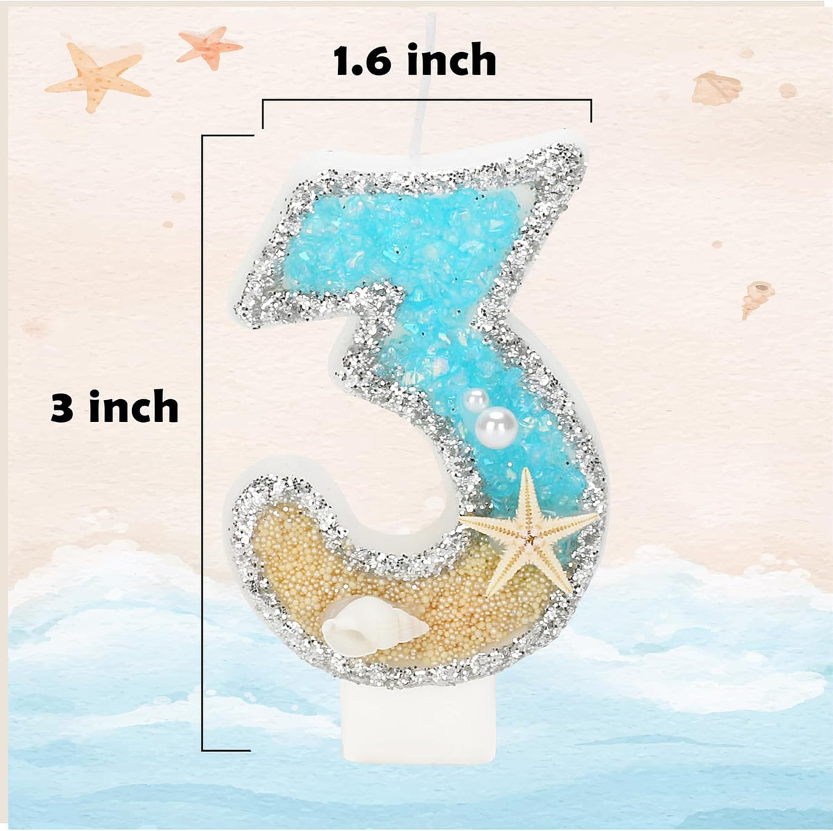 3rd Birthday Candle for Cake, Beach Starfish Sequins Candles, 2.76 inch Cake Topper Decoration for Birthday Party (Number 3)
