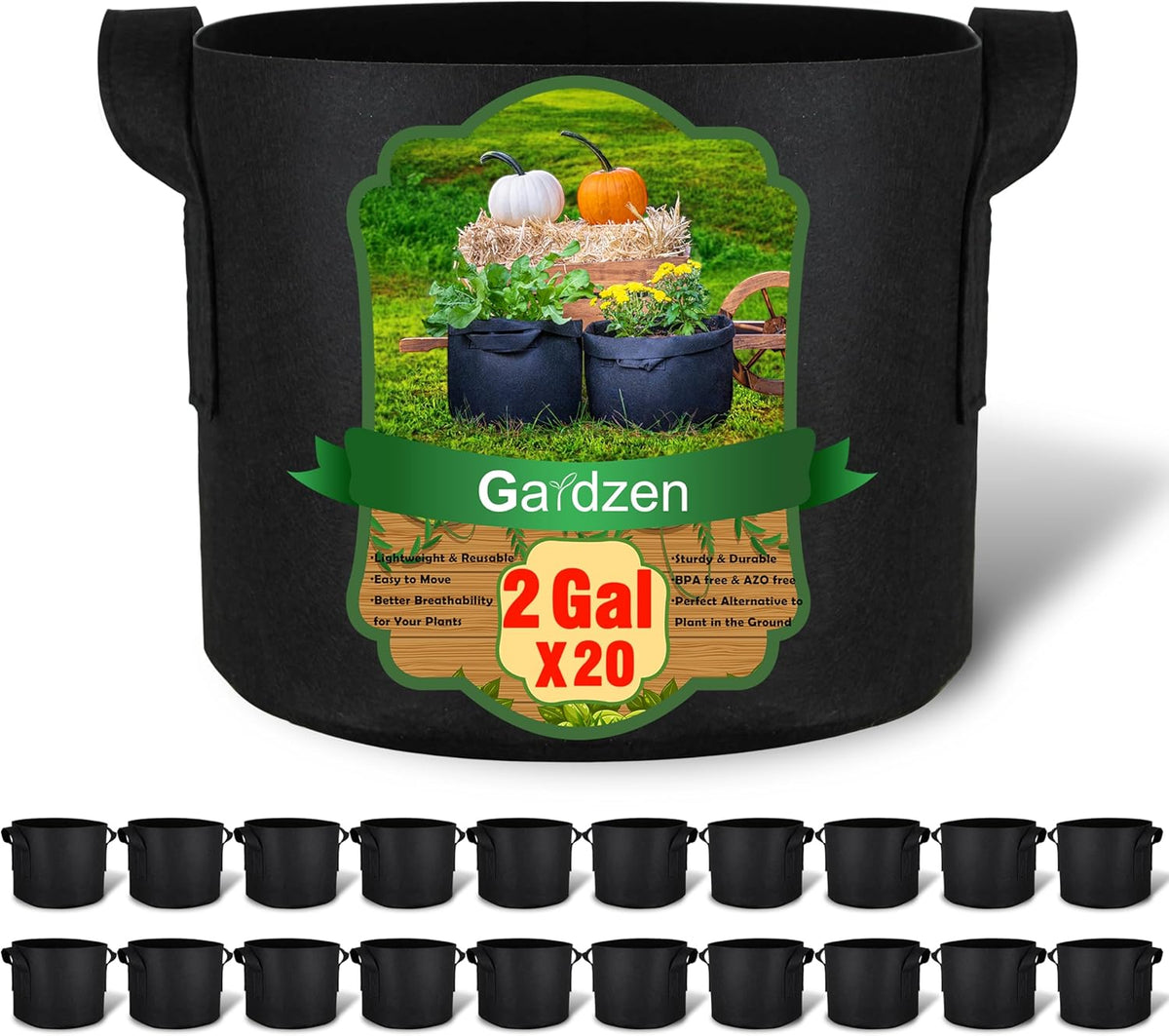 Gardzen 20-Pack 2 Gallon Grow Bags, Aeration Fabric Pots with Handles, Heavy Duty Plant Bags for Plants