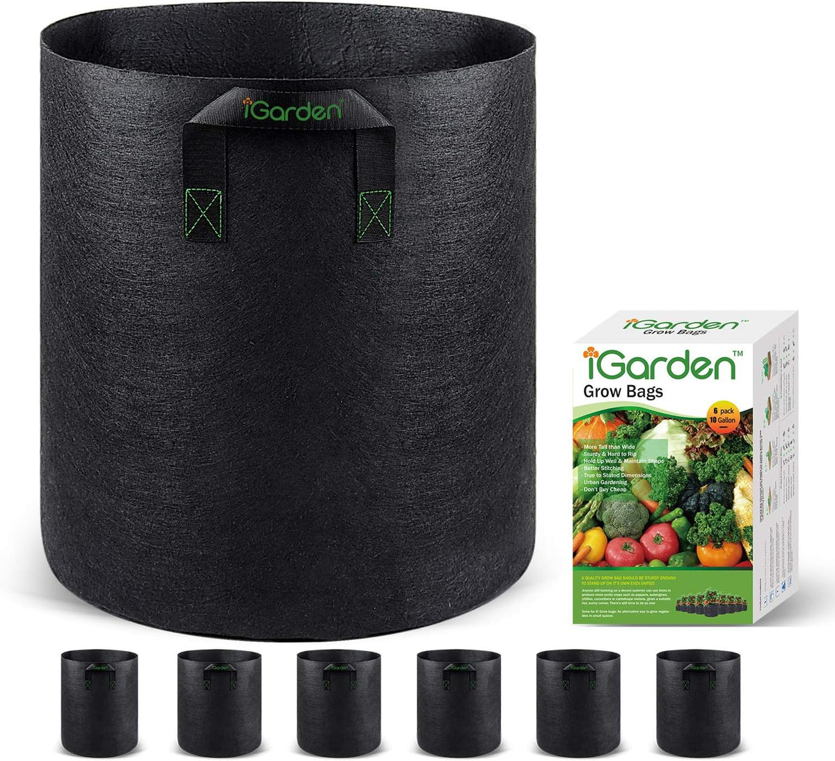 Grow Bags Tall, 10 Gallon Grow Pots 6 Pack with Handles, Heavy Duty 320G Thickened Nonwoven Fabric Plant Bag for Vegetables, Black