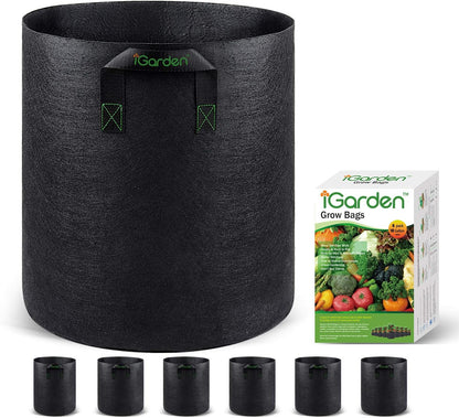 Grow Bags Tall, 10 Gallon Grow Pots 6 Pack with Handles, Heavy Duty 320G Thickened Nonwoven Fabric Plant Bag for Vegetables, Black