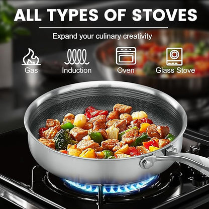 Non Stick Frying Pans,Hybrid Frying Pan with Lid,Non Toxic Frying Pans Nonstick,Stainless Steel Skillet,Dishwasher and Oven-Safe,Compatible with All Cooktops, 2-Piece Set (7.8+11in)