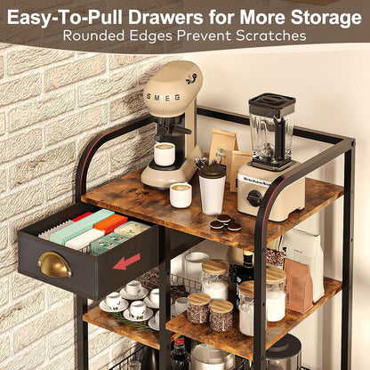 keomaisyto Microwave Cart with Storage, Kitchen Island Cart with Table Top & Drawer, 3 Tier Rolling Utility Cart with Adjustable 2 Storage Shelves, Coffee Bar Shelf for Kitchen/Dining/Living Room