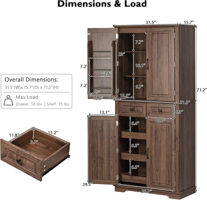 Merax 71" Tall Kitchen Pantry, Farmhouse Storage Cabinet with 6 Door Shelves, 2 Drawers and 3 Adjustable Shelves, Freestanding Rustic Wood Cupboard for Kitchen, Dining Room, Brown
