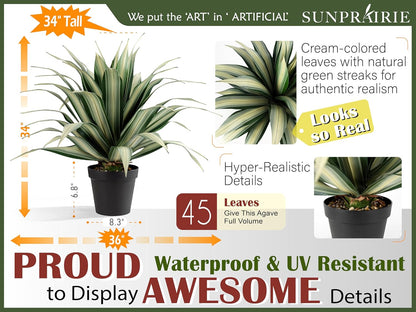 SUNPRAIRIE Life-Like Extra Large 34 Inch Tall Artificial Agave Plant. Cream Leaves with Textured Dark Green Stripes. UV Resistant Faux Plants. Outdoor and Indoor Large Artificial Plants.
