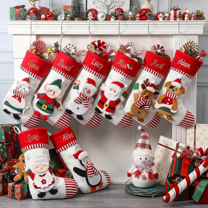 Personalized Christmas Stockings with Embroidered Name & Monogram,Custom 3D Xmas Character Stocking 1 Pack 18” Large,Santa,Snowman & Reindeer Fireplace Hanging Red Burlap Plaid Stockings(A)