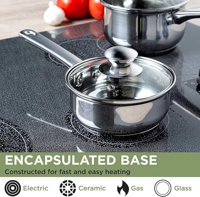 Ecolution Stainless Steel Sauce Pan, Encapsulated Induction Ready Cooking Pot with Glass Lid, Oven Safe, Dishwasher Safe Soup Pot, 1-Quart