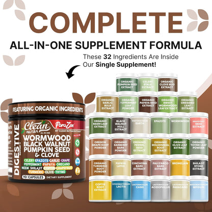 Clean Nutra Wormwood Black Walnut Pumpkin Seed Clove Oil Celery Garlic Grape Papaya Neem Diatomaceous Earth Womens Probiotic Gut Health Cleanse Detox Oregano Olive Turmeric Supplement Vegan Capsules