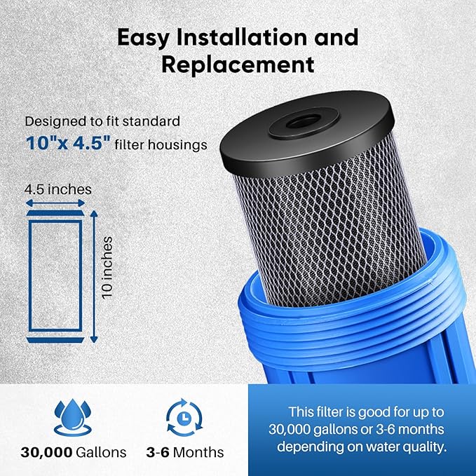 10" x 4.5" Whole House Coconut Shell Activated Carbon Water Filter Replacement Cartridge - Compatible with WFHDC8001, CB-BB-10, FXHTC, GXWH40L, GXWH35F, GNWH38S, CTO10BB - 1 Pack