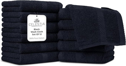 100% Cotton Wash Cloth for face & Body Set of 12, (12 x 12 inches) Sustainable, Soft, Highly Absorbent, Combed Cotton Wash Cloths Pack of 12 for Hotels, Spa, Bathroom, Dorm, Black