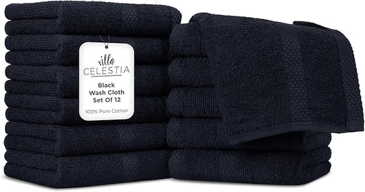 100% Cotton Wash Cloth for face & Body Set of 12, (12 x 12 inches) Sustainable, Soft, Highly Absorbent, Combed Cotton Wash Cloths Pack of 12 for Hotels, Spa, Bathroom, Dorm, Black