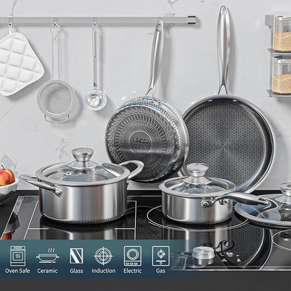 AuFranc® Hybrid Nonstick Stainless Steel Pots and Pans Set, Induction Cookware Set with Tempered Glass Lids, Non-stick Pot and Pan Set Suitable for All Cooktops, Non-Toxic, Dishwasher & Oven Safe