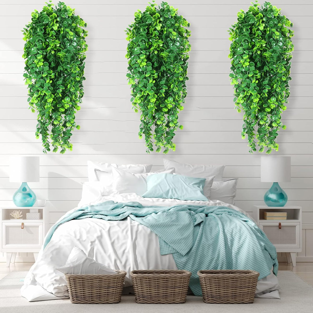 Hoteam 12 Pcs Artificial Hanging Plants 32 Inch Fake Ivy Vines with Fake Leaves Patio Artificial Plants Greenery for Living Room Indoor Outdoor Wall, No Basket (Eucalyptus)