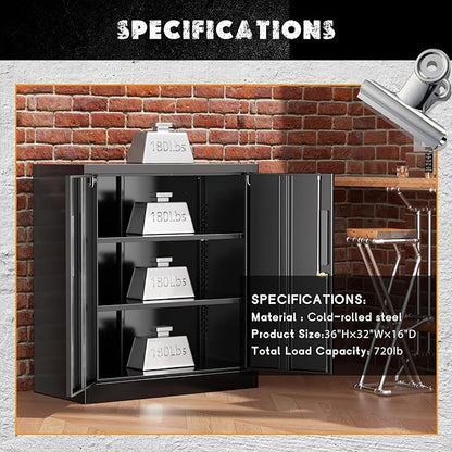 Greenvelly Metal Garage Storage Cabinet, Black 36" Locking File Cabinet with 2 Doors and Adjustable Shelves for Home Office,School