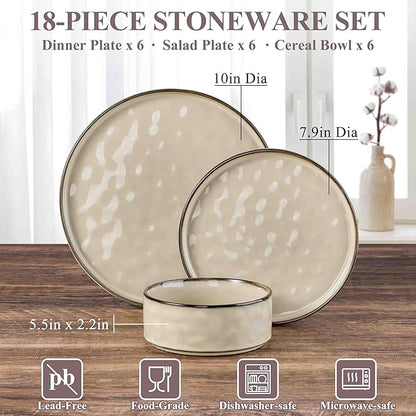 Herogo Dinnerware Dishes Sets, 18 Pieces Plates and Bowls Sets for 6, Kitchen Serving Dishes, Dishwasher & Microwave Safe, Cream Khaki