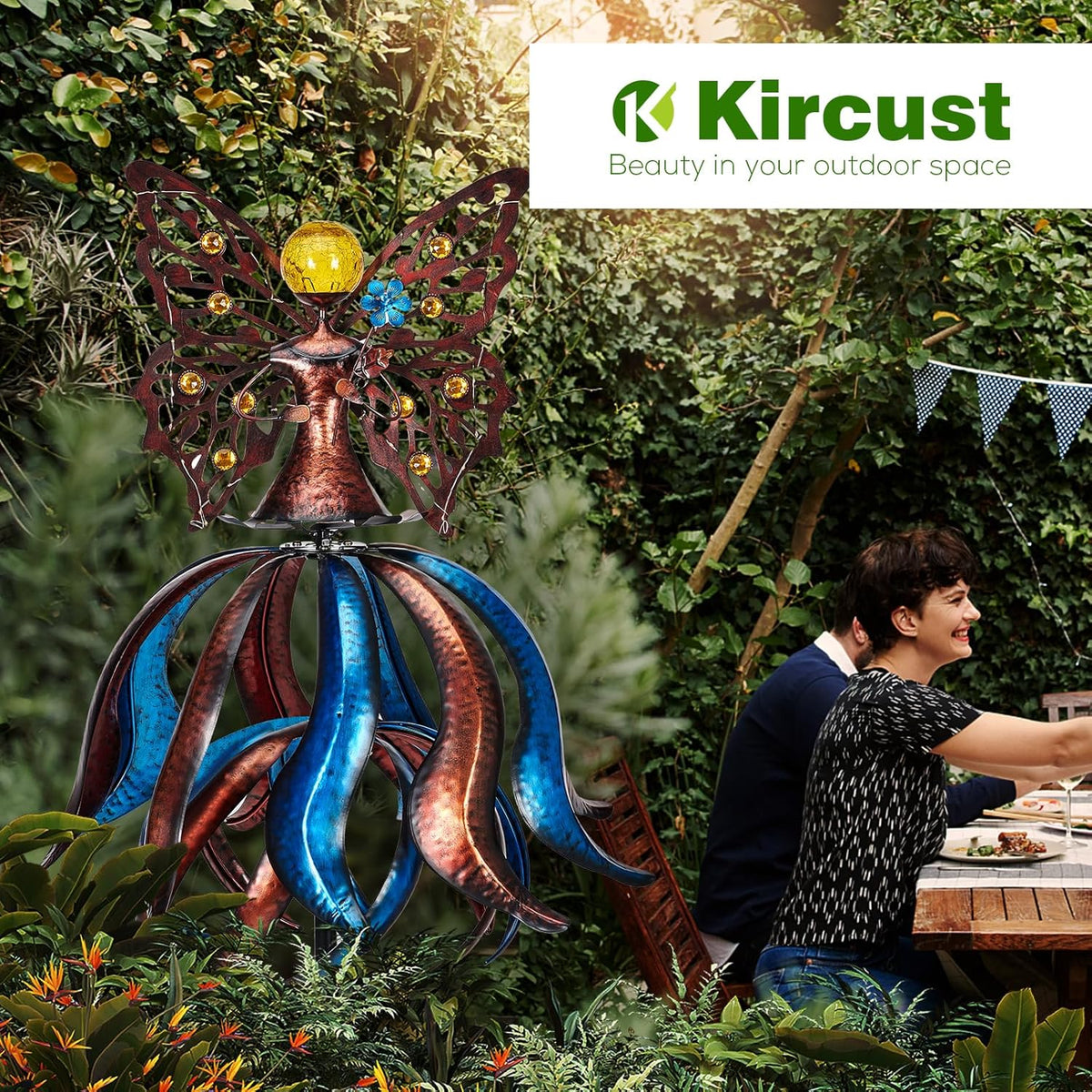 Kircust Solar Wind Spinner, Extra-Large Tulip Garden Windmill Spinners with LED Lighting Solar Powered Glass Ball, Kinetic Metal Sculpture for Outdoor Yard Lawn Patio Decorations