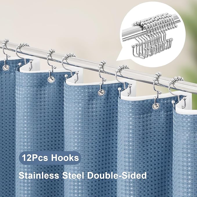 3 in 1 Long Moonlight Blue Shower Curtain Set-72 W x 78 H, Modern Waffle and PEVA Liner Set with 12 Stainless Steel Hooks, Waterproof Fabric for Bathroom