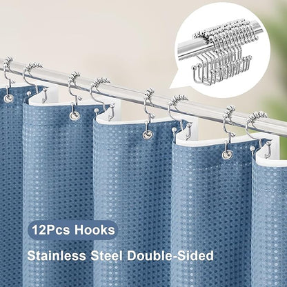 3 in 1 Long Moonlight Blue Shower Curtain Set-72 W x 78 H, Modern Waffle and PEVA Liner Set with 12 Stainless Steel Hooks, Waterproof Fabric for Bathroom