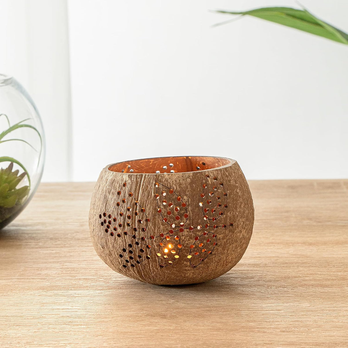 Restaurantware-Coco Casa 4 x 3.3 Inch Coconut Shell Candle Holders, 1 Reusable Tealight Holders - Candle Not Included, Leaf Pattern, Brown Coconut Bowls For Candles, Handcrafted