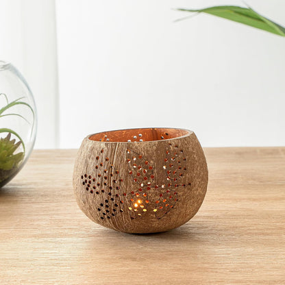 Restaurantware-Coco Casa 4 x 3.3 Inch Coconut Shell Candle Holders, 1 Reusable Tealight Holders - Candle Not Included, Leaf Pattern, Brown Coconut Bowls For Candles, Handcrafted