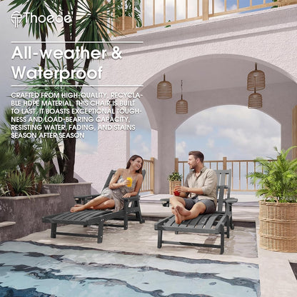 THOEOE Patio Chaise Lounge Chair,HDPE Lounge Chair Outdoor with Wheels | Oversized pool lounge chairs with cup holder, 5 adjustable position for patio,outside,pool,deck