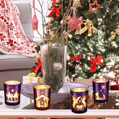 4 Pcs Christmas Advent Candle Holder Nativity Scene Candle Holder Glass Purple and Pink Tealight Candle Holders for Holiday Xmas Wedding Church Home Decor, 4 Styles