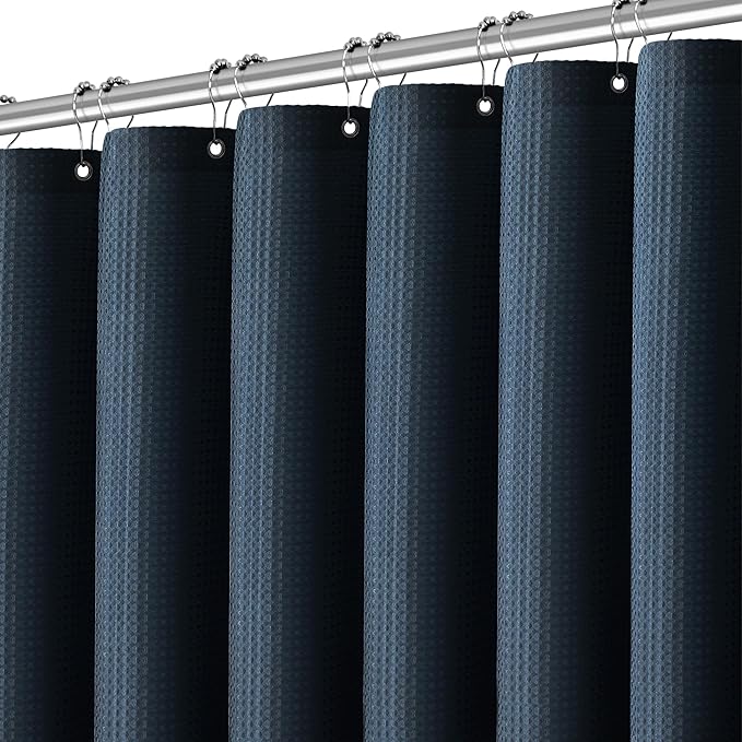 Navy Blue Shower Curtain Waffle Weave 60 Inches Heavy Fabric Duty Shower Curtains for Stall, Water Repellent 256GSM Weighted Modern Bathroom Shower Curtains with 10 Metal Hooks, 60Wx72H
