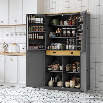 71" Tall Kitchen Pantry Storage Cabinet with 4 Doors, Freestanding Wooden Cupboard with 2 Drawers, 2 Adjustable Shelves and Cabinet Door Organizers for Kitchen, Dining Room, Grey