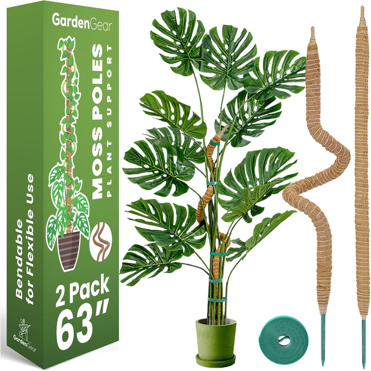 2 Pack 63 Inch Bendable Moss Pole Monstera Plant Support Stakes for Indoor Plants - Tall Moss Stick Trellis for Potted Climbers - Stem Support Accessories for Climbing Houseplants